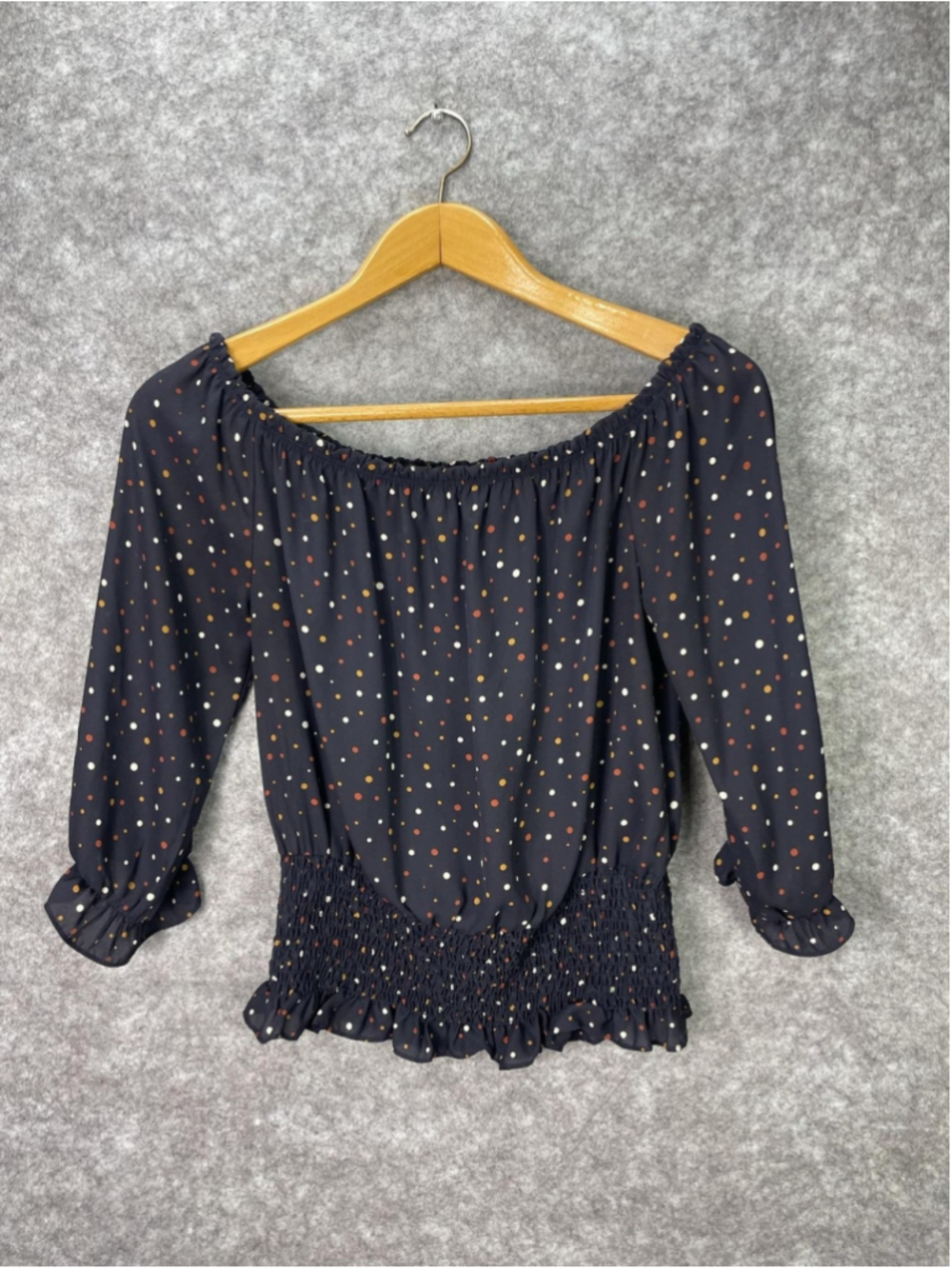 West Kei Blouse Womens Large Blue Polka Dot Off Shoulder Smocked Waist Top